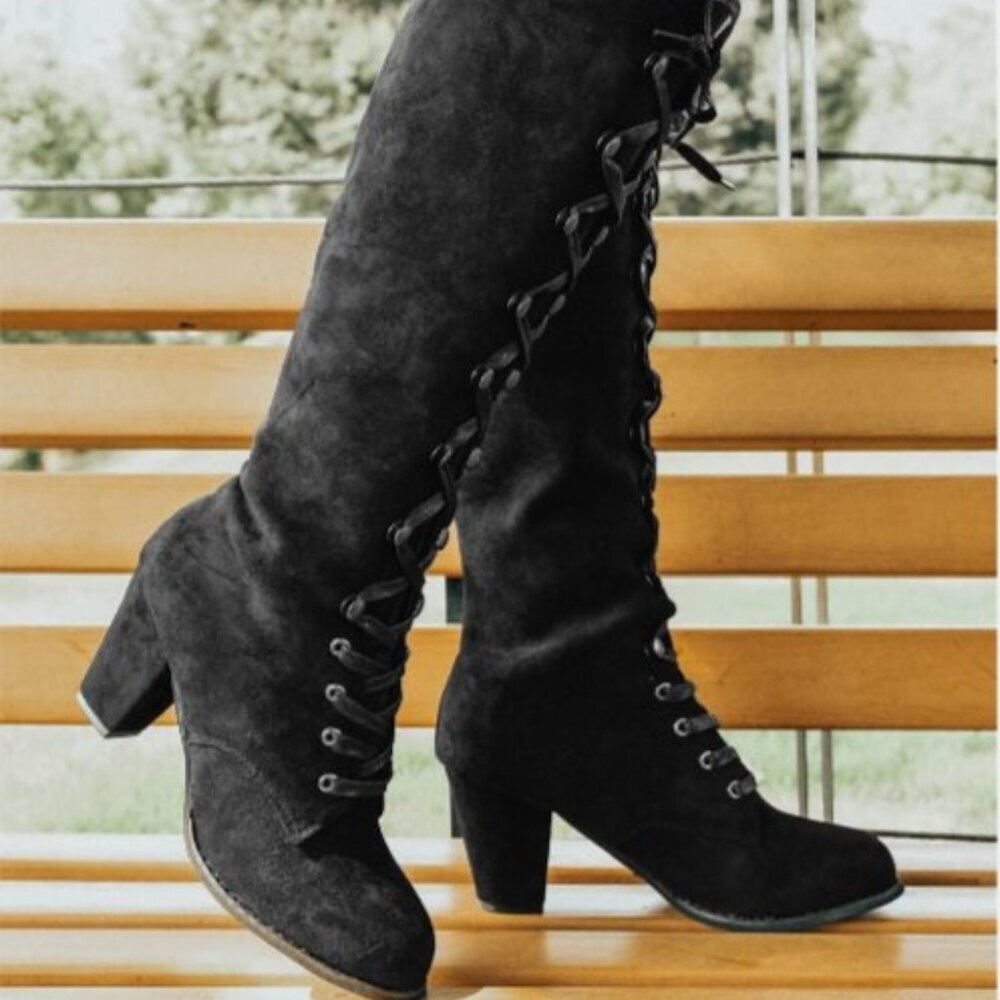 ROSY | Black Lace-Up Knee-High Heeled Boots - Smooth Material 